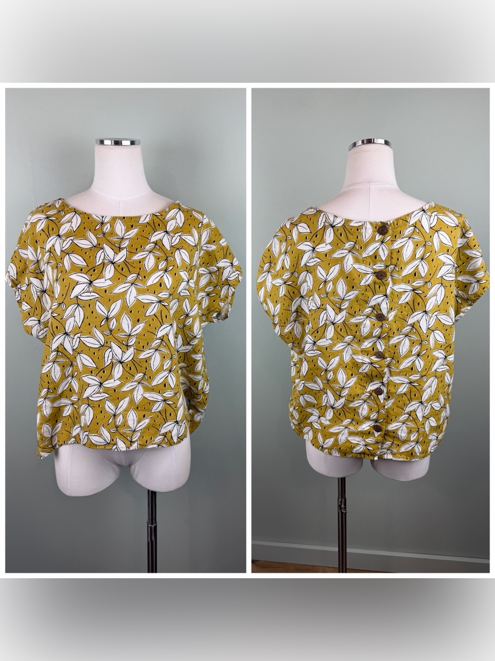 Rachel Zoe Mustard Yellow Leaf Print Button-Back Linen boxy Blouse Med Boho